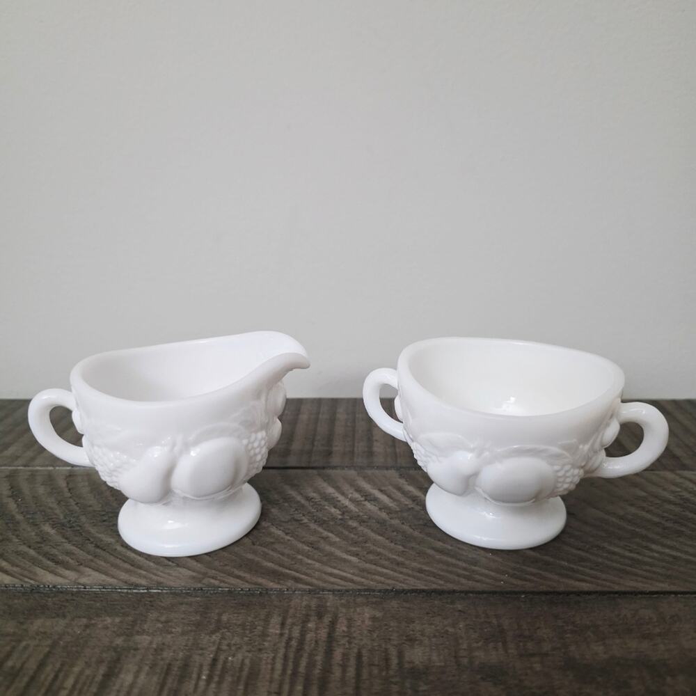 Vintage Westmoreland Fruit Pattern White Milk Glass Sugar & Creamer Set